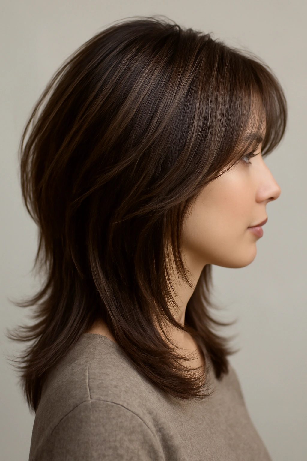 Hair with top lift and longer bottom layers showing butterfly-layer volume