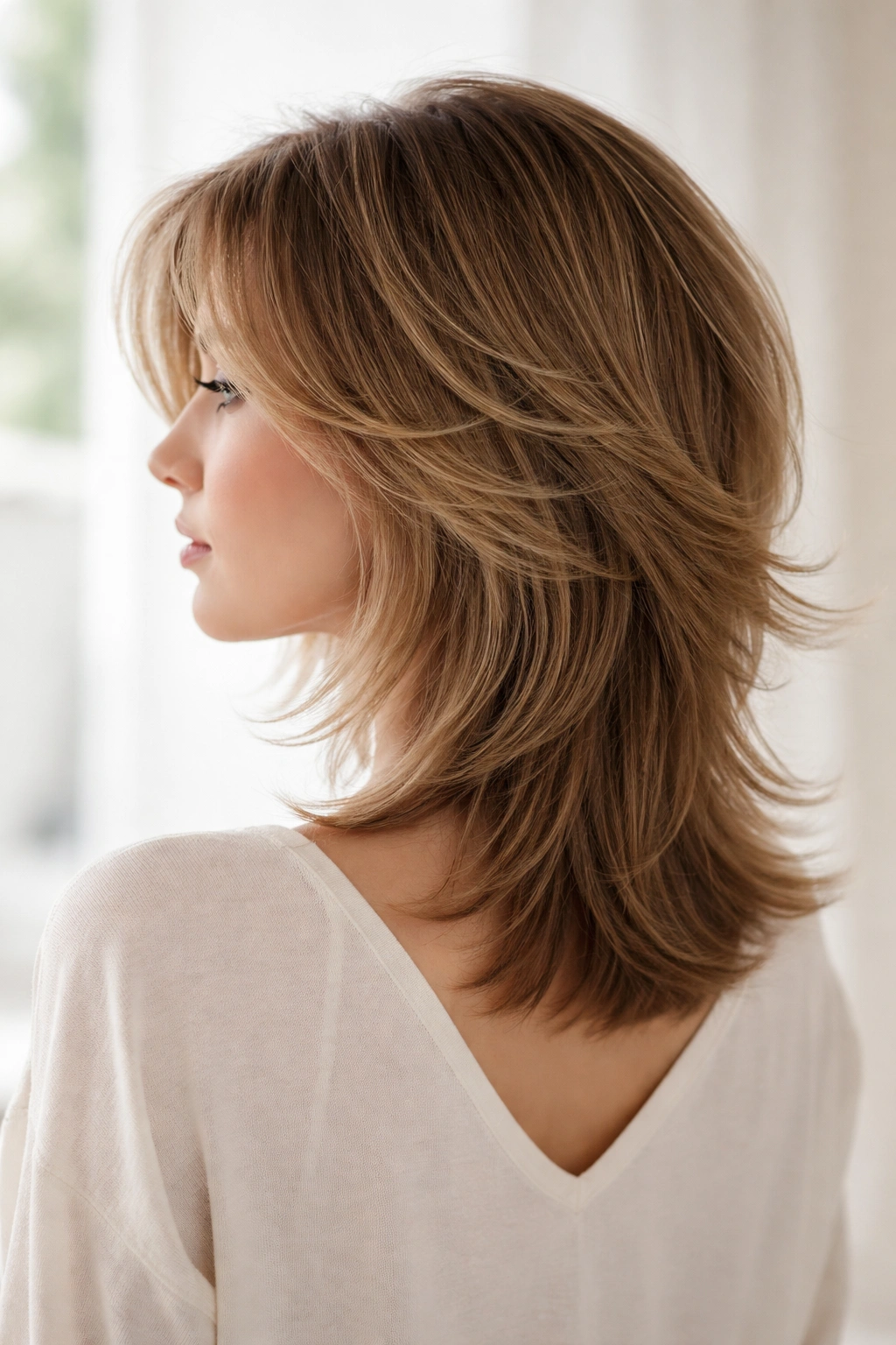 Butterfly-wing cut with wispy face-framers highlighting cheekbones.