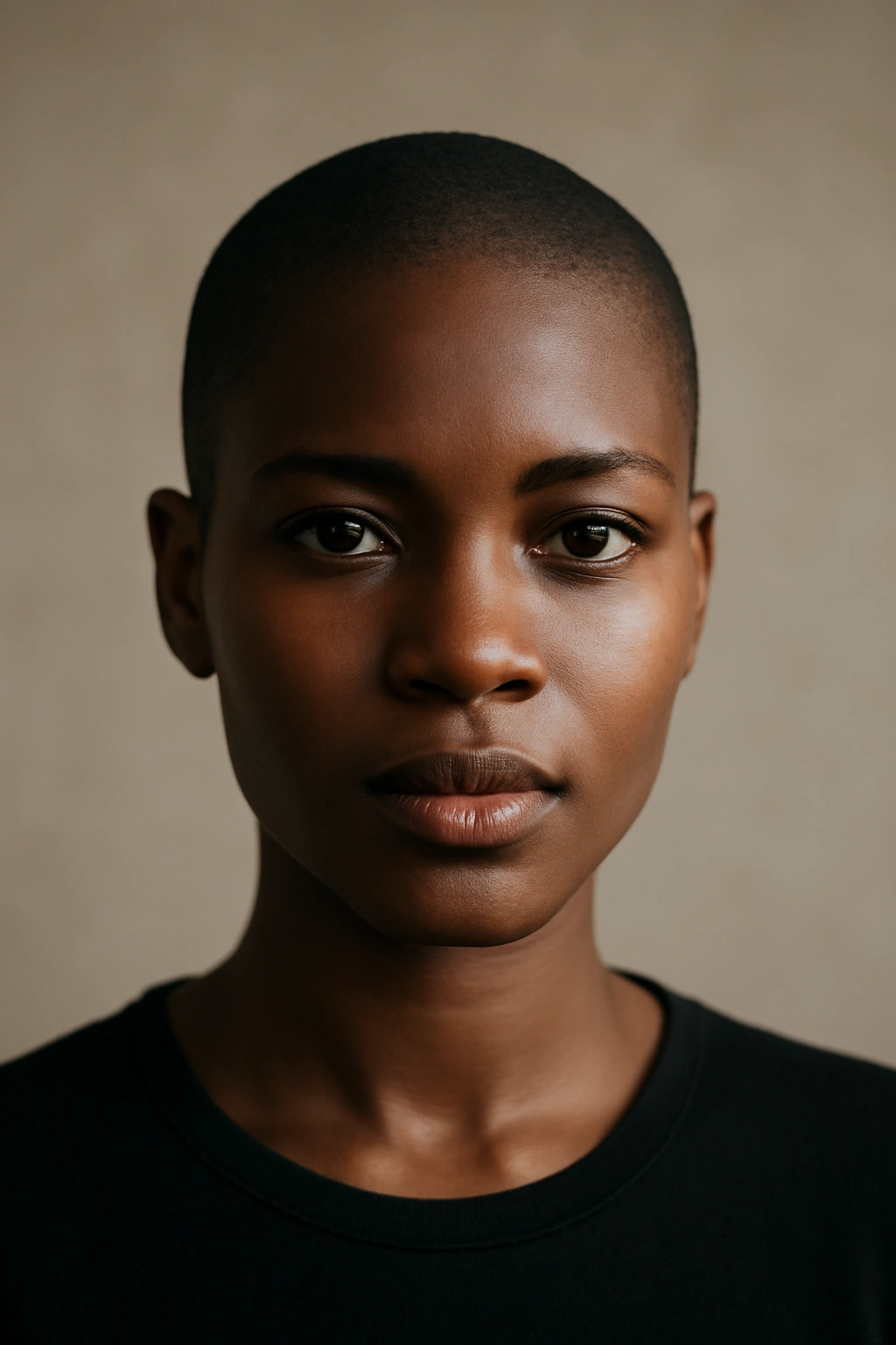 Close-up of a Black woman with a buzz cut showing even short length