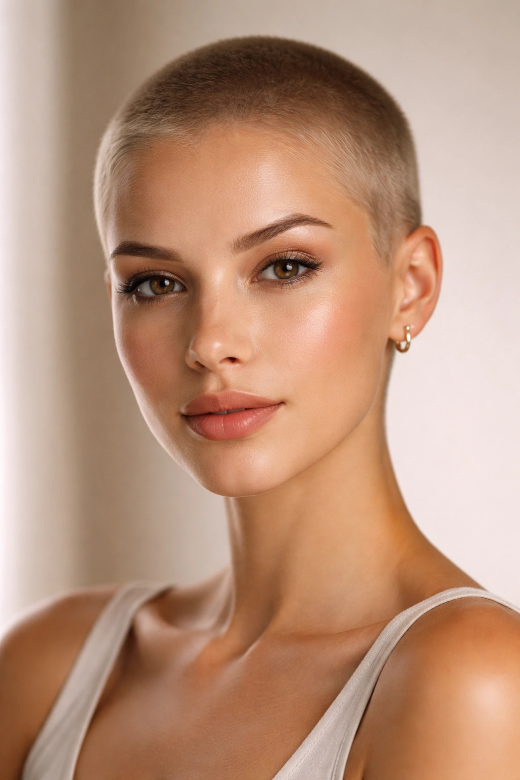 Close-up of a person with an ultra-short buzz cut, highlighting bone structure