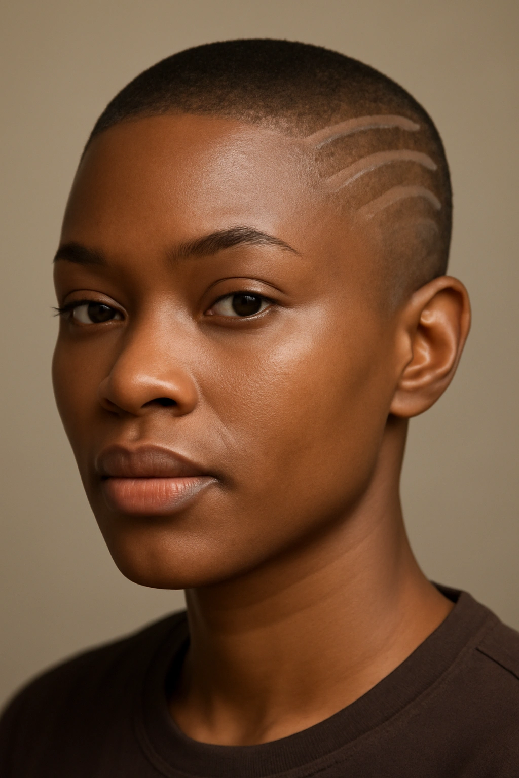 Portrait of a person with a buzz cut and scalp design.