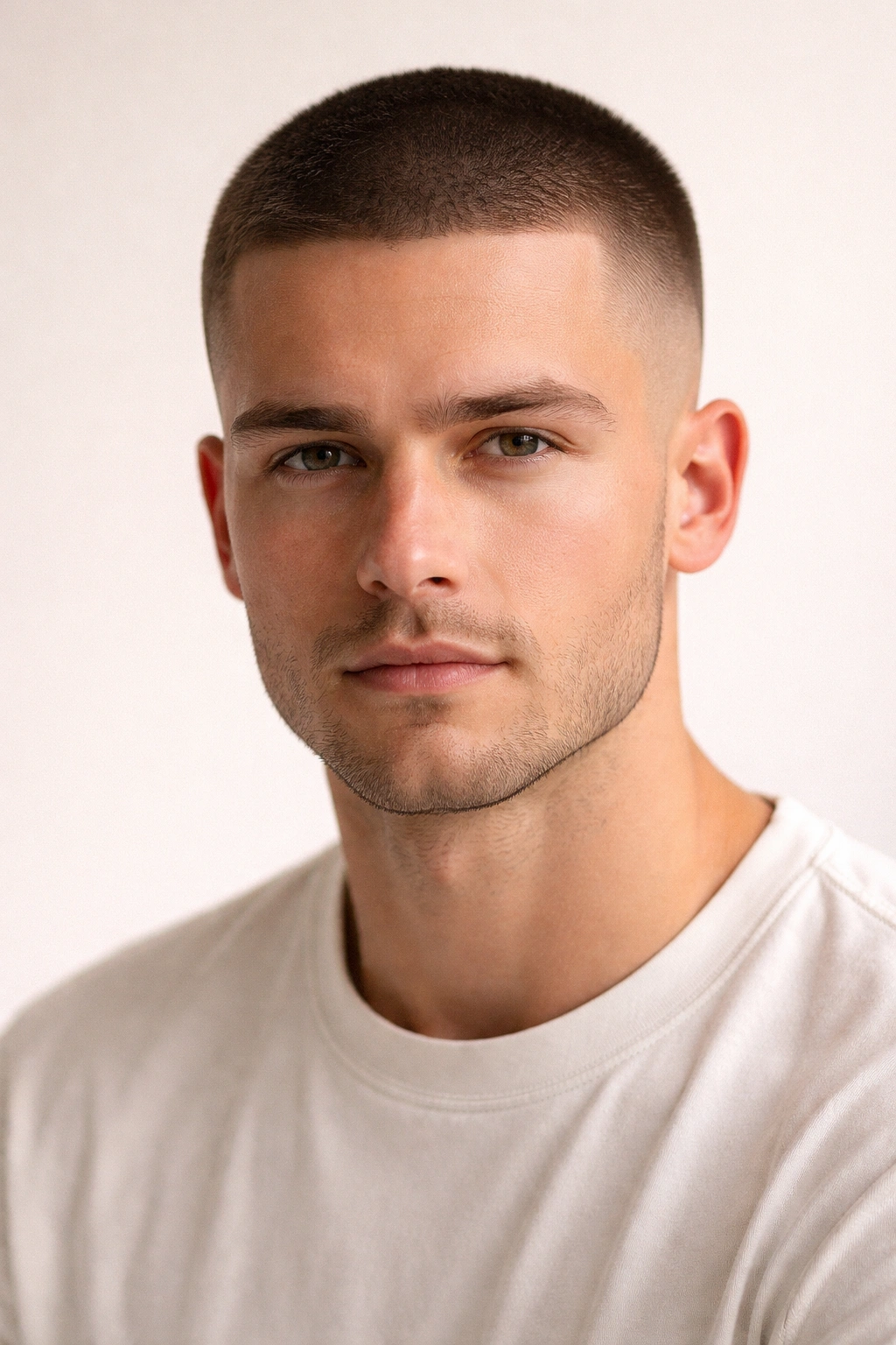 Close-up of a buzz cut fade showing uniform short length and clean sides