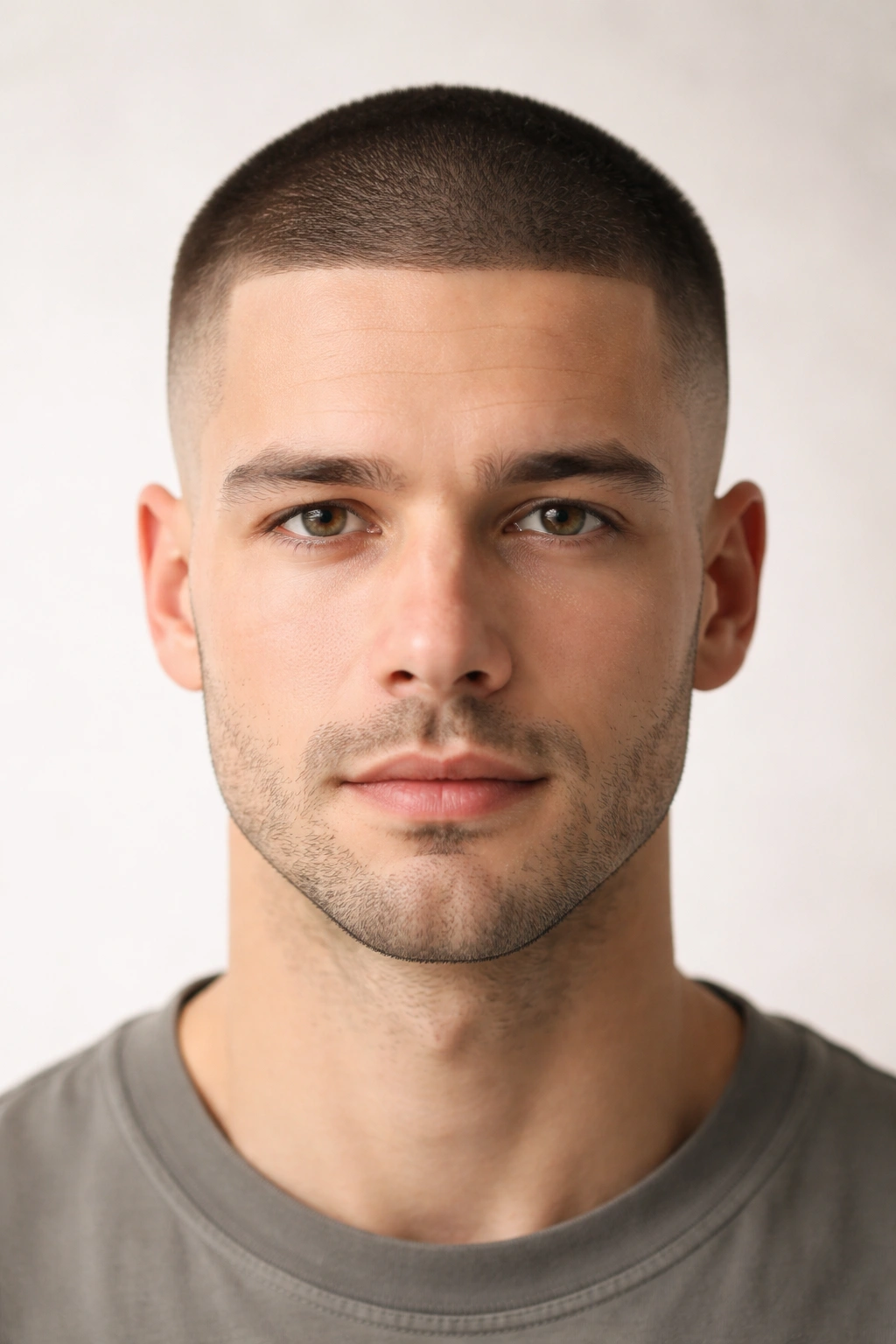 Buzz cut with faded sides showing uniform short length across the scalp
