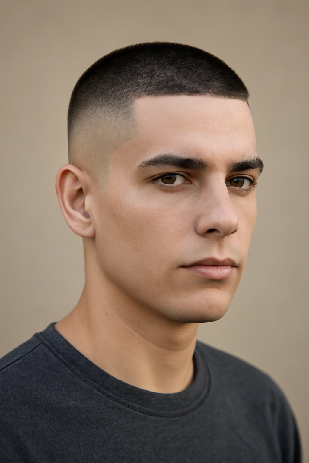 Portrait of a person with a modern buzz cut and faded undercut, bold and contemporary