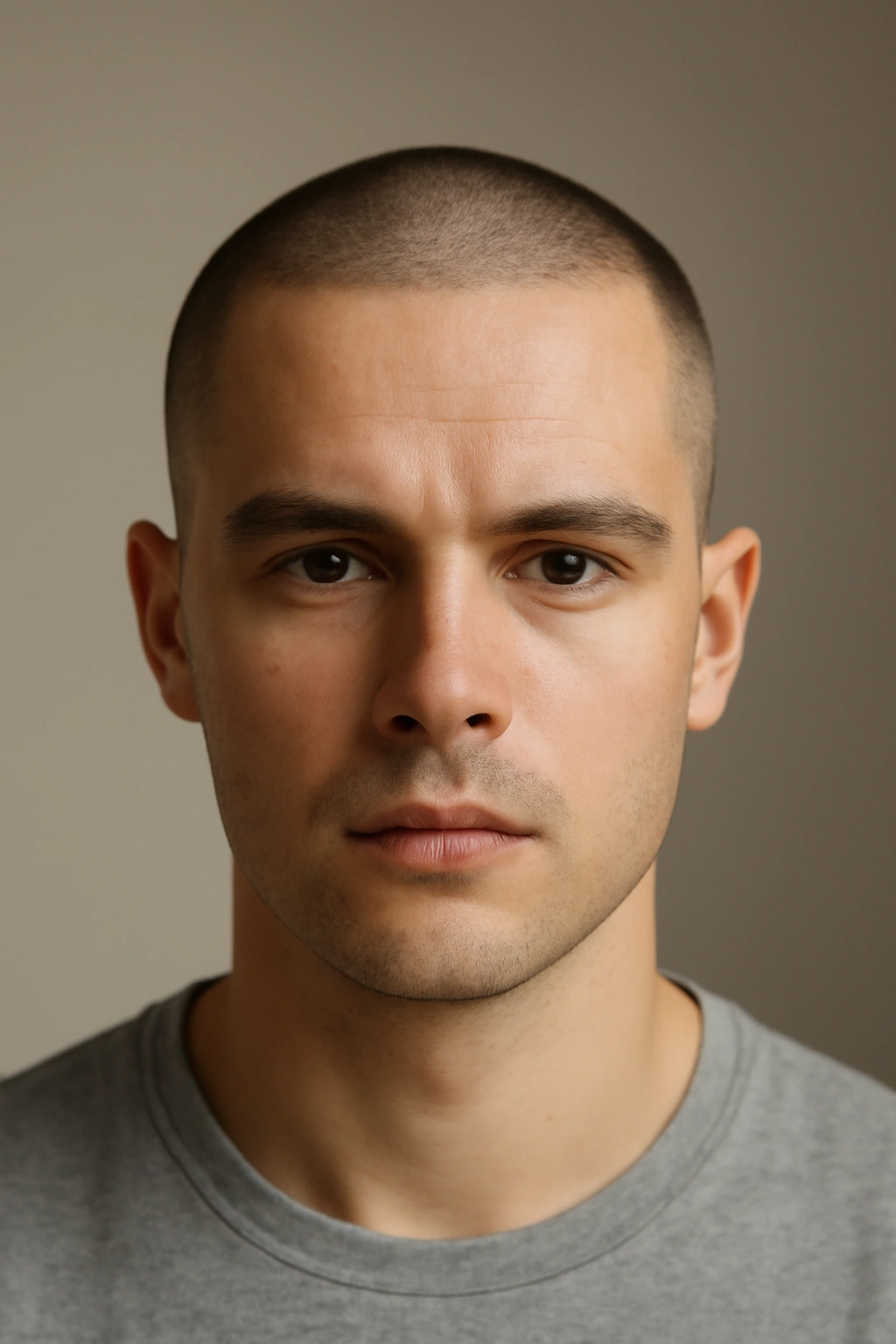 Close-up of a man with a uniform buzz cut and smooth scalp