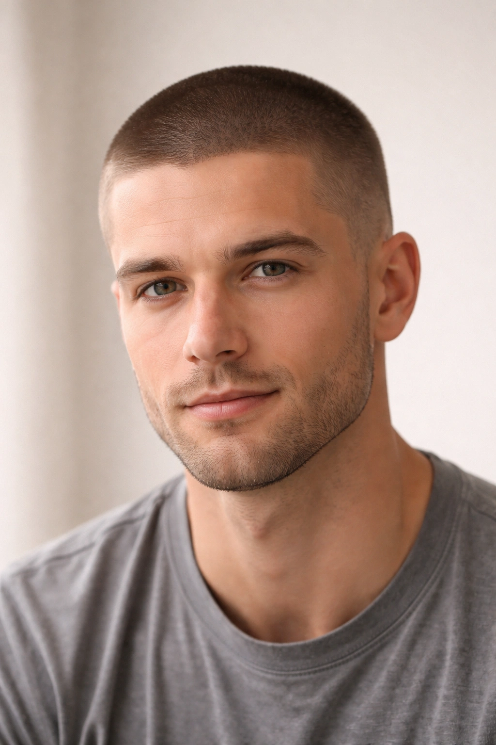 Close-up of a head with a uniform buzz cut showing even length and shaved scalp