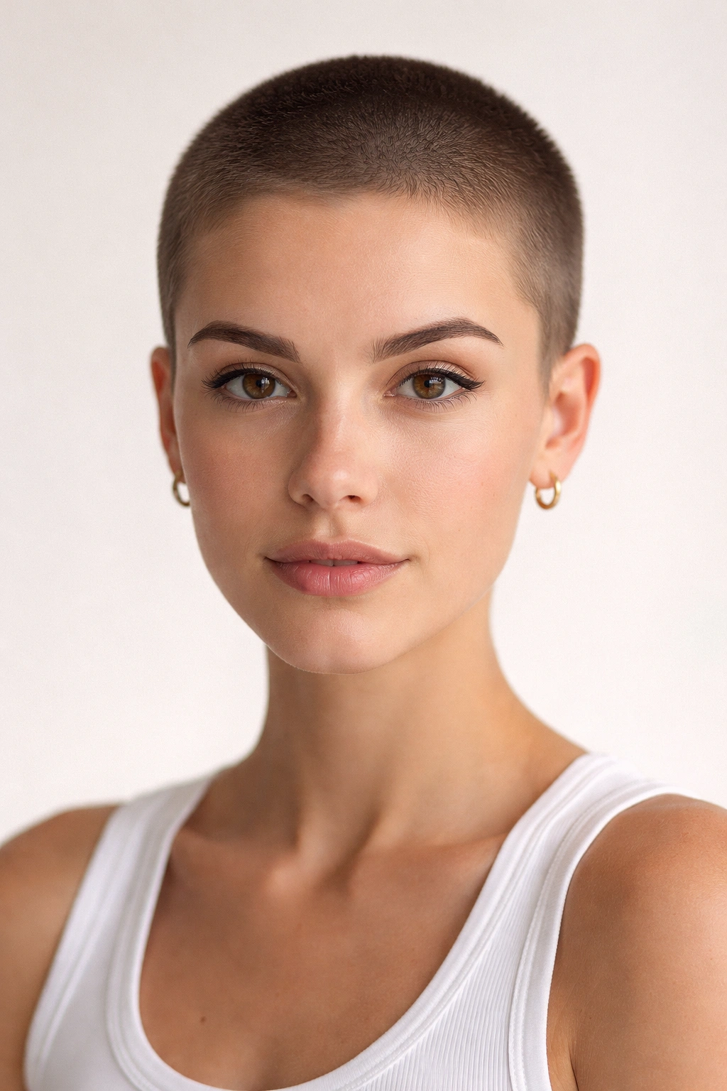 Close-up of a buzz-cut pixie with uniform short length