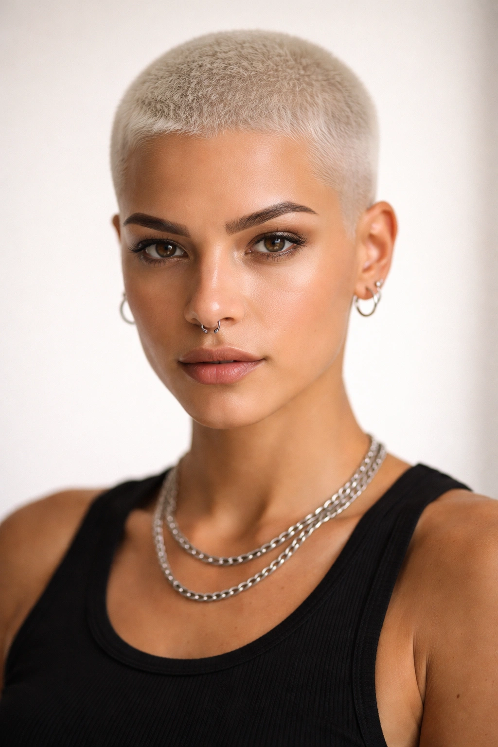 Close-up portrait of a person with platinum blonde buzz cut and sharp hairline