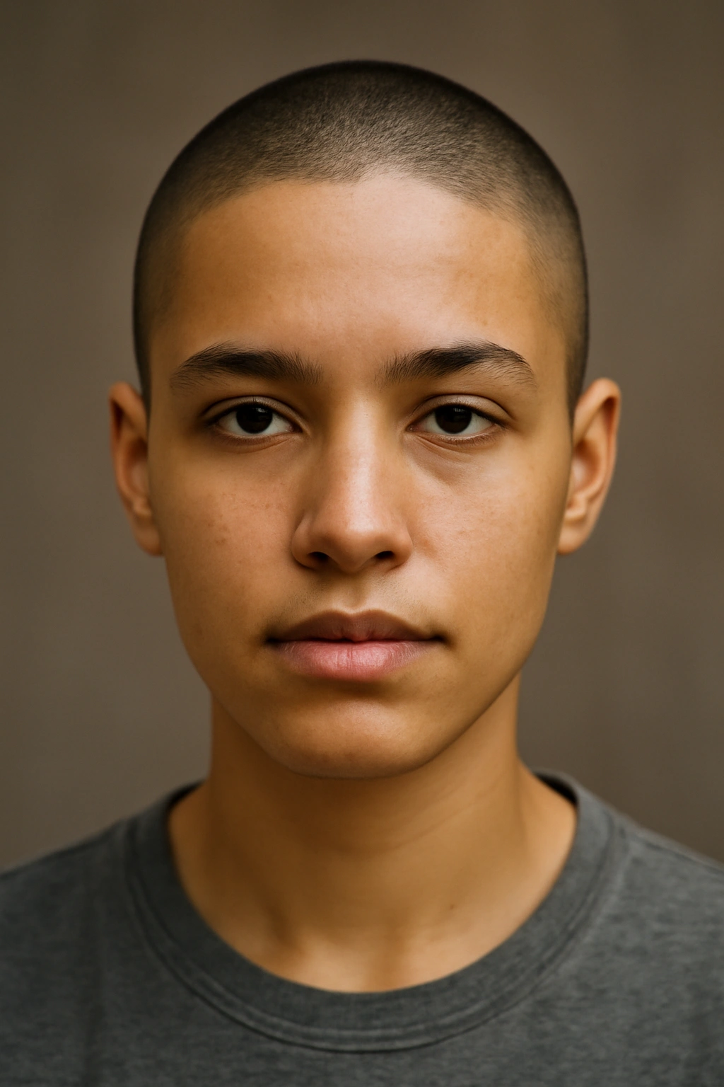 Close-up portrait of a person with an even buzz cut and smooth scalp