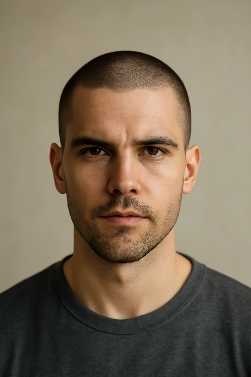 Head-on portrait of a man with a uniform buzz cut
