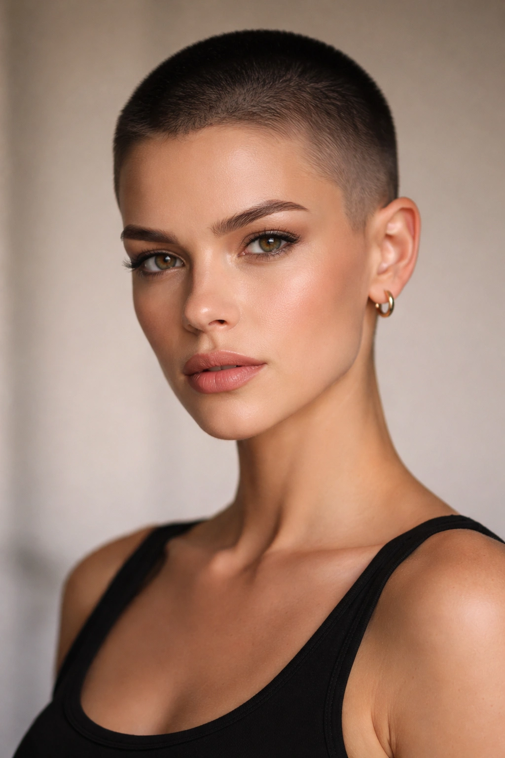 Front-facing portrait of a woman with a buzz cut or short fade