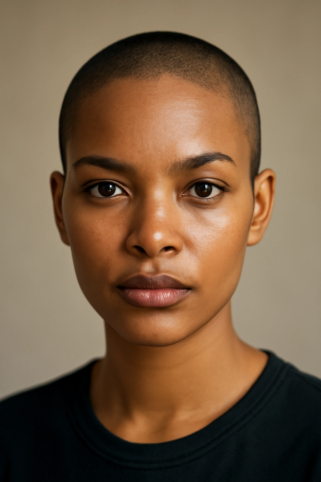Headshot of a person with a uniform buzz cut highlighting head shape