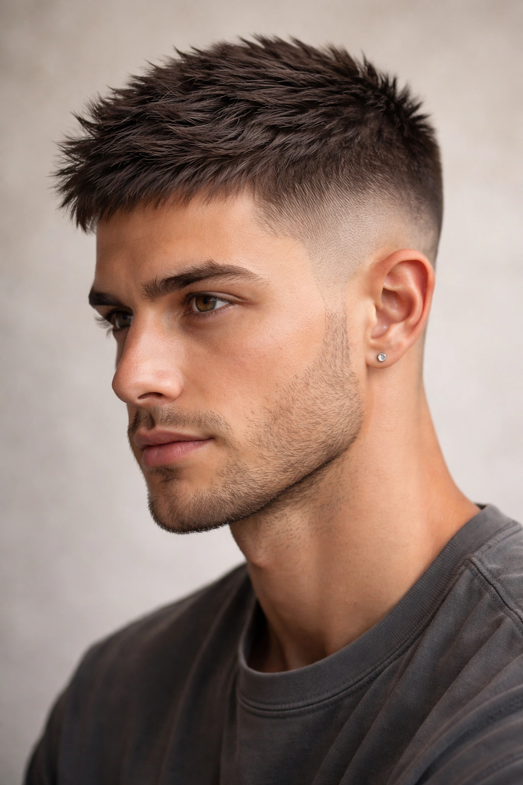 Close-up of textured buzz cut with varied clipper lengths and subtle volume