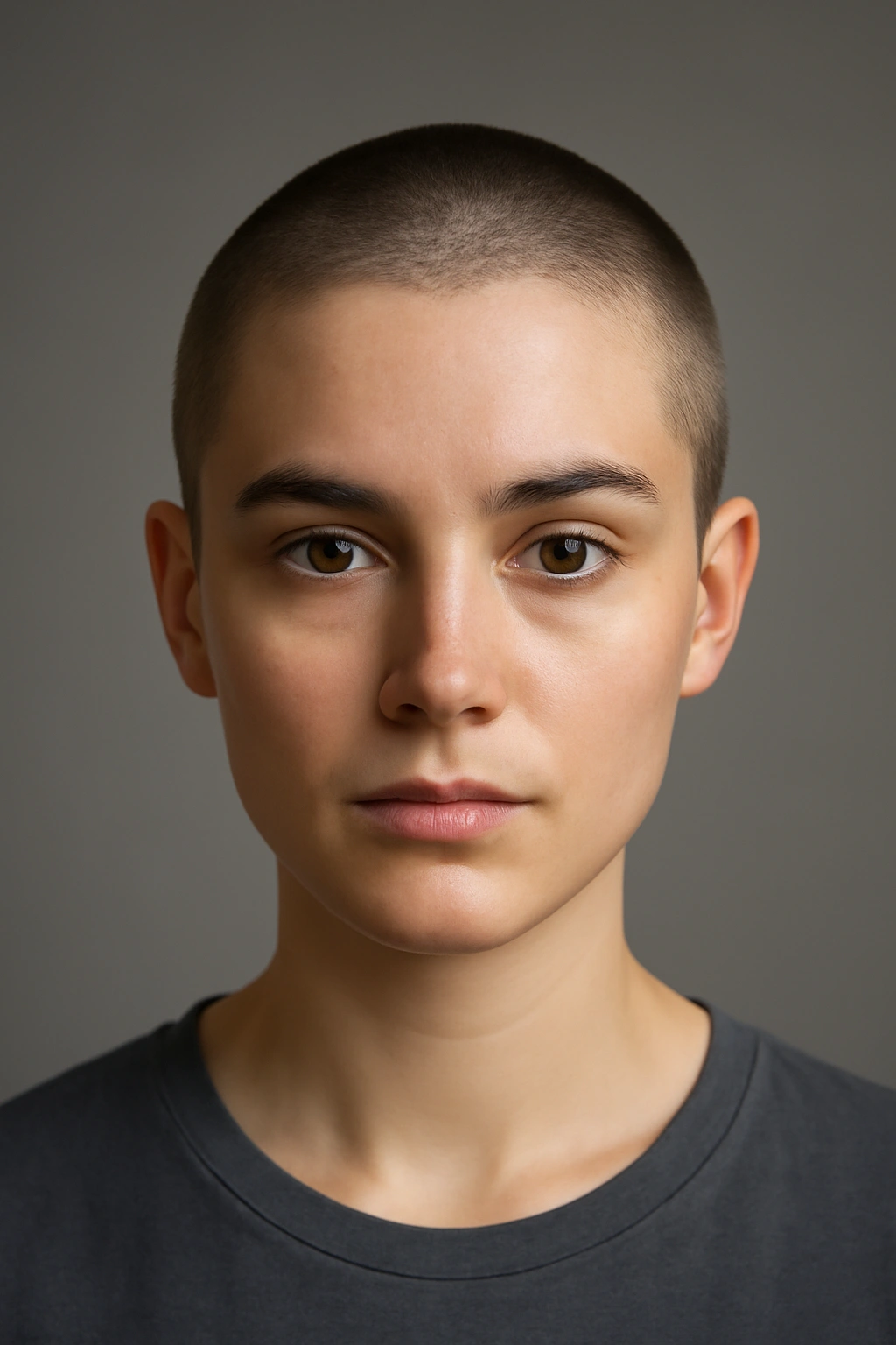 Close-up portrait of a person with a quarter-inch buzz cut under studio lighting