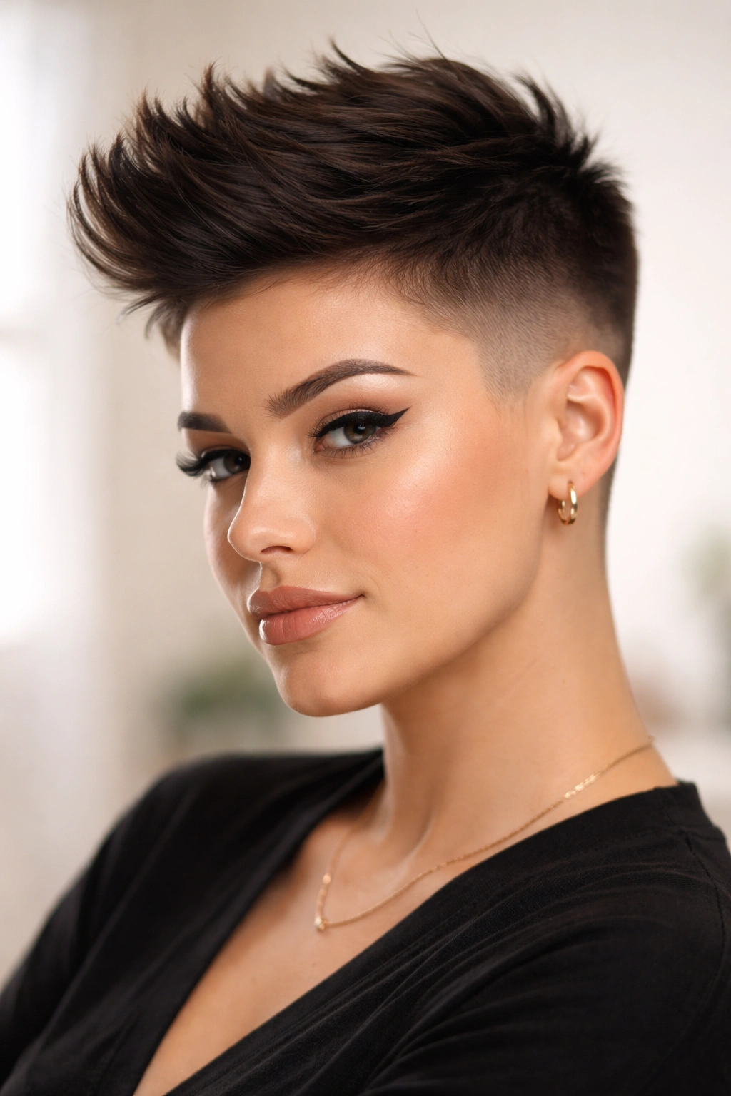 Close-up of a modern buzzed fade with a longer top highlighting top-volume silhouette