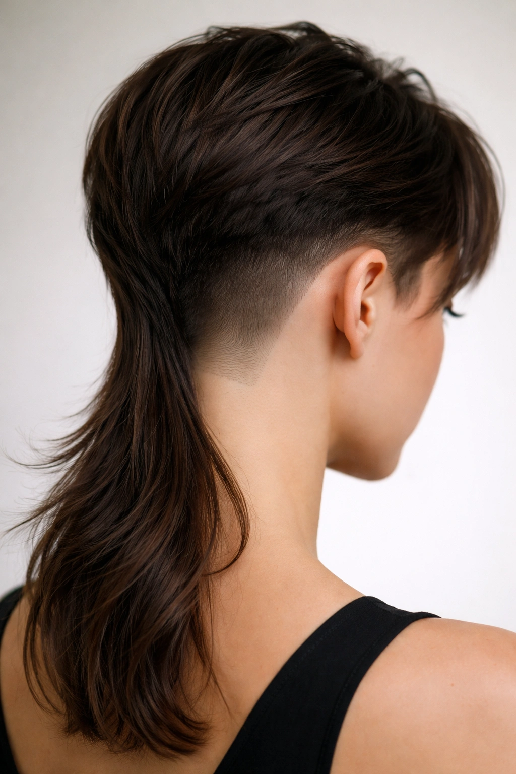 Nape buzzed geometric mullet showing a sharp line where the buzz meets the longer back.