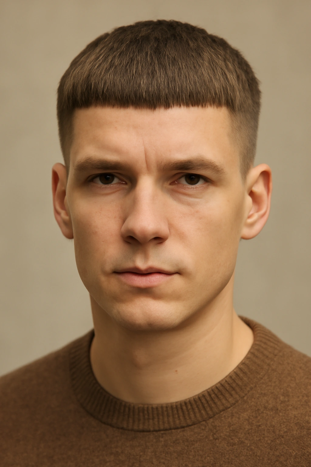 Close-up portrait of ultra-short straight hair with a blunt fringe