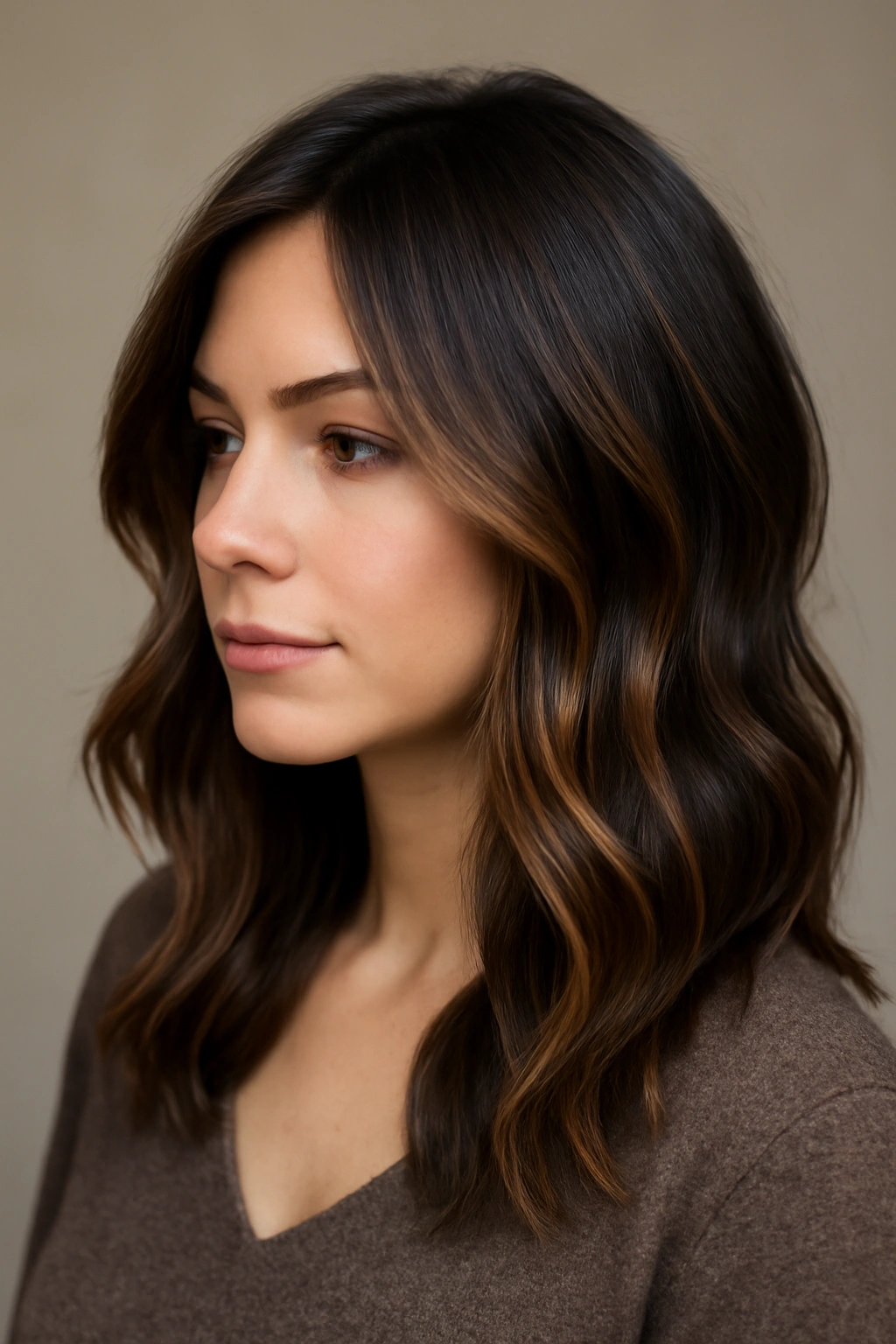 Close-up of chocolate-brown hair with caramel ribbons and face-framing layers