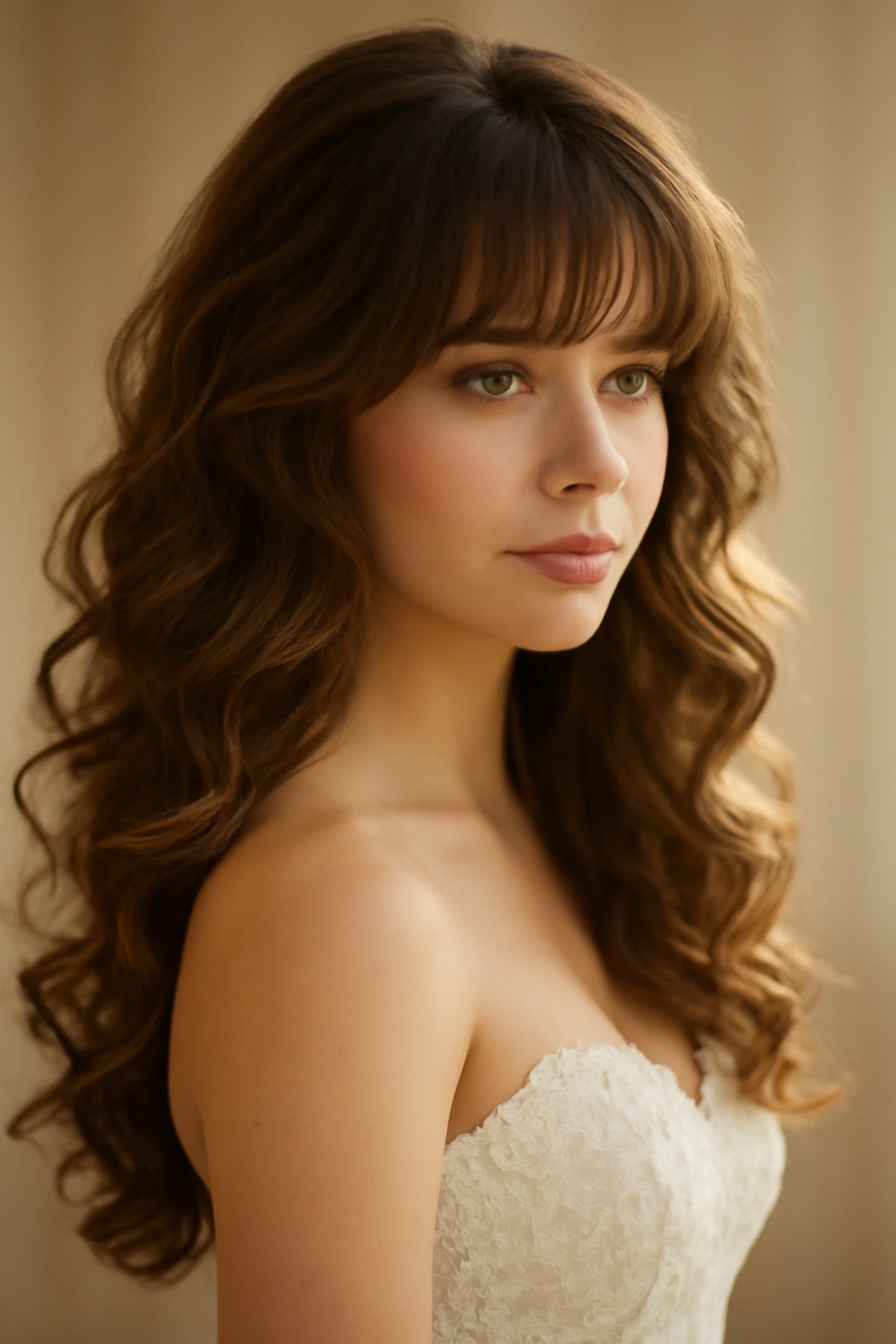 Bride with cascading curls and layered bangs