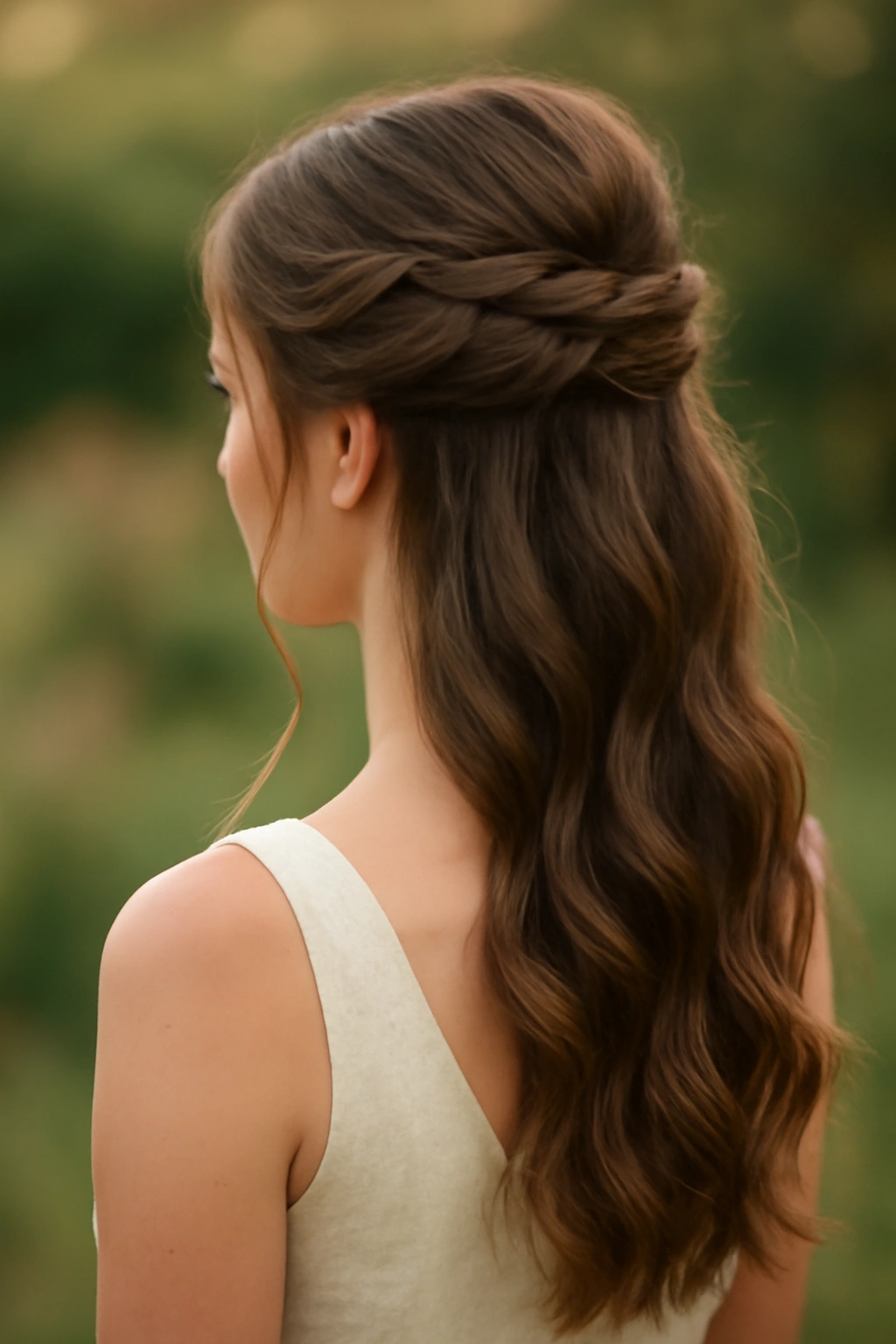 Half-up hairstyle with cascading lower waves and gentle movement