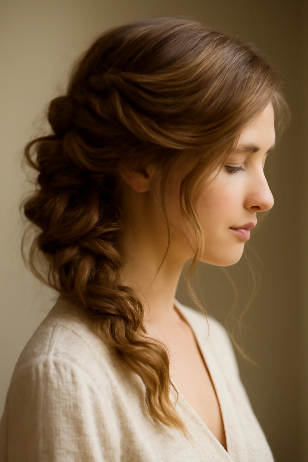 Side-updo with cascading strands and single-side face framing