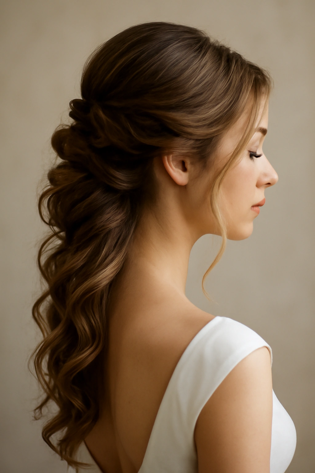 Side-swept updo with cascading loose strands along one shoulder