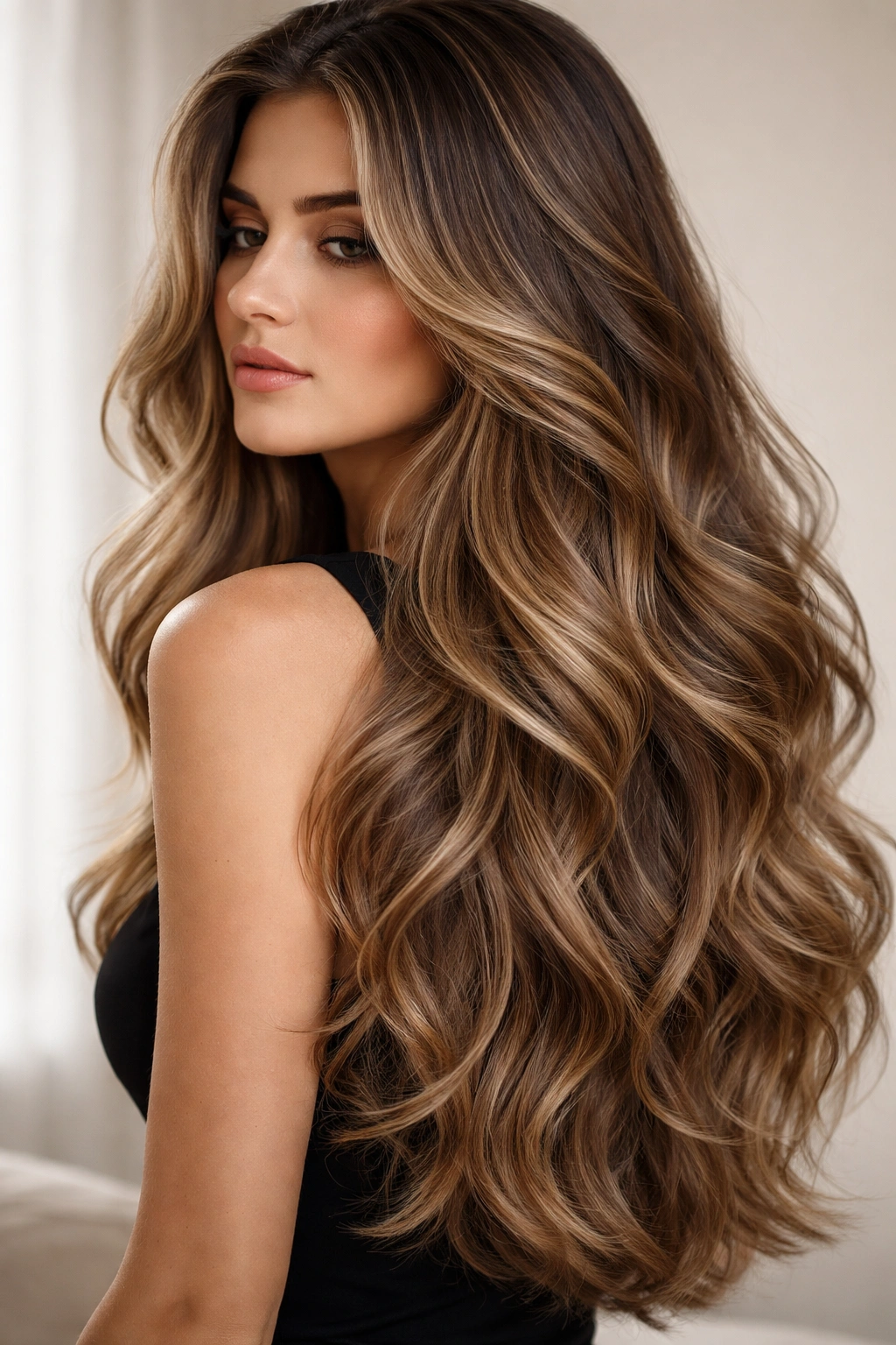 Close-up of long hair with cascading layers and waterfall-like waves