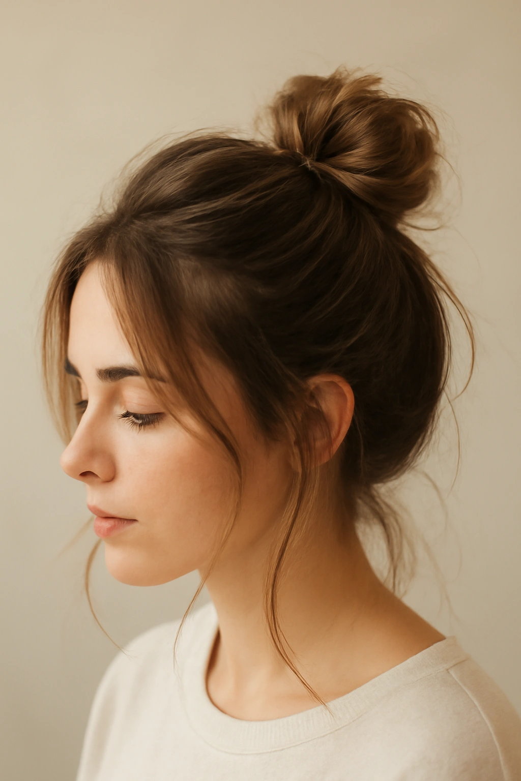 Casual half messy bun with loose wisps in a clean studio setting