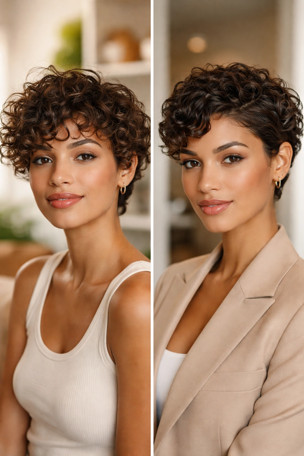 Split-screen showing casual and professional short curl looks
