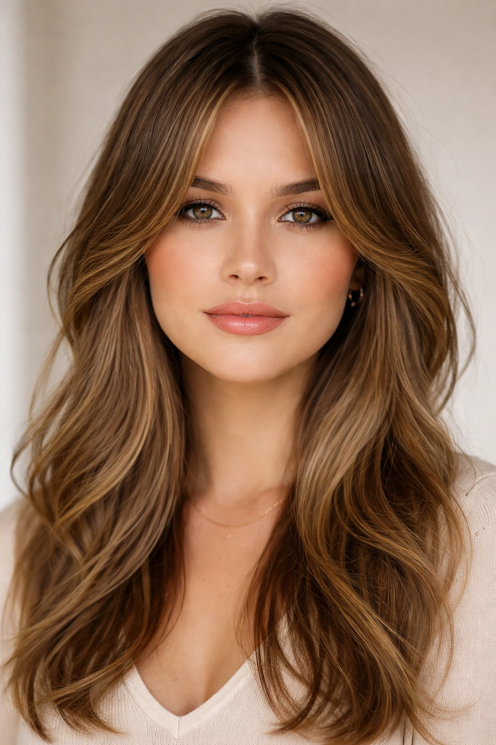 Center-parted curtain bangs sweeping away from face