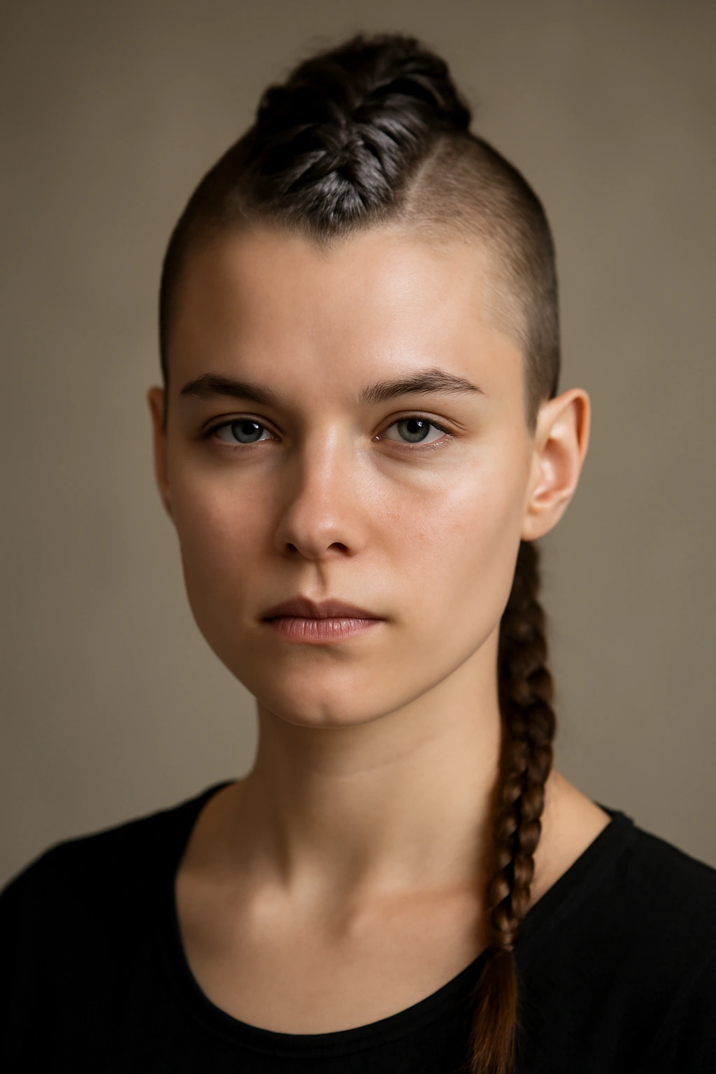 Classic center mohawk braid on shoulder-length hair with shaved sides, front portrait