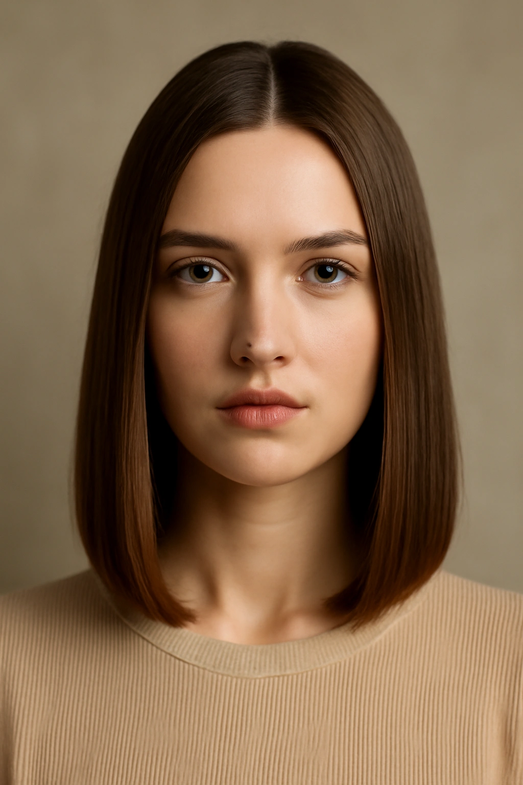 Shoulder-length hair with a precise center part and sleek straight texture