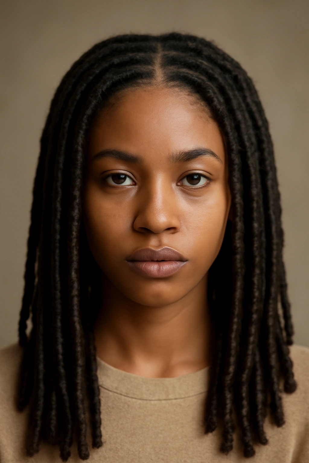 Frontal portrait of locs with a neat center part and symmetrical sections