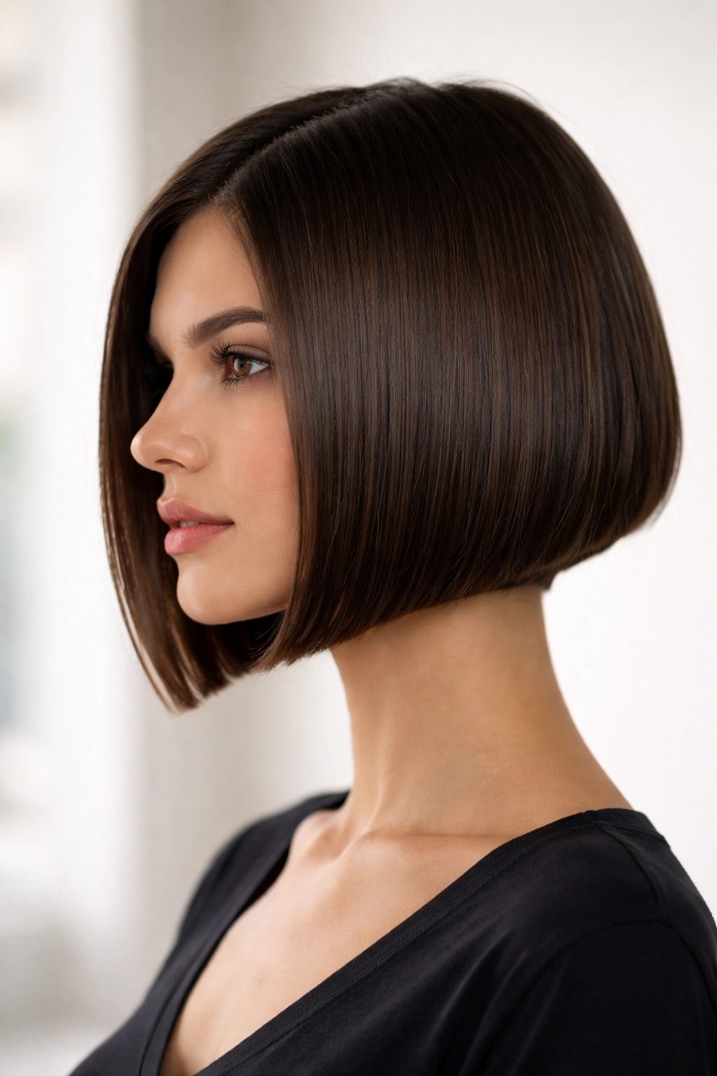 Portrait showing chin-length blunt angle bob with straight-across front and shorter back