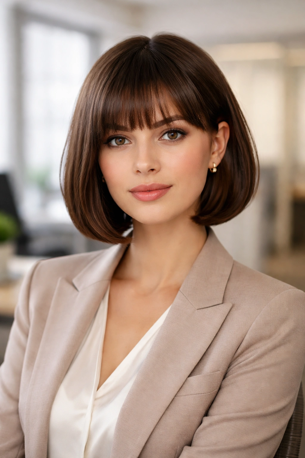 Close-up of a chin-length bob with blunt bangs framing the eyes