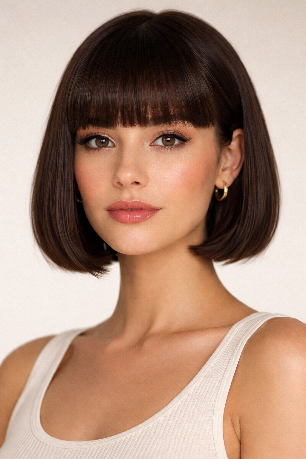 Portrait of a person with a chin-length bob and straight-across bangs