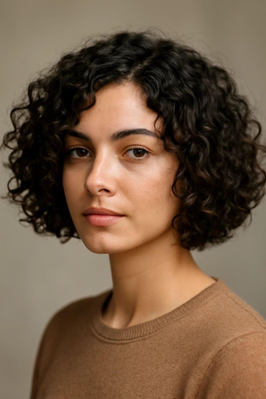Close-up of a chin-length curly bob with defined curls