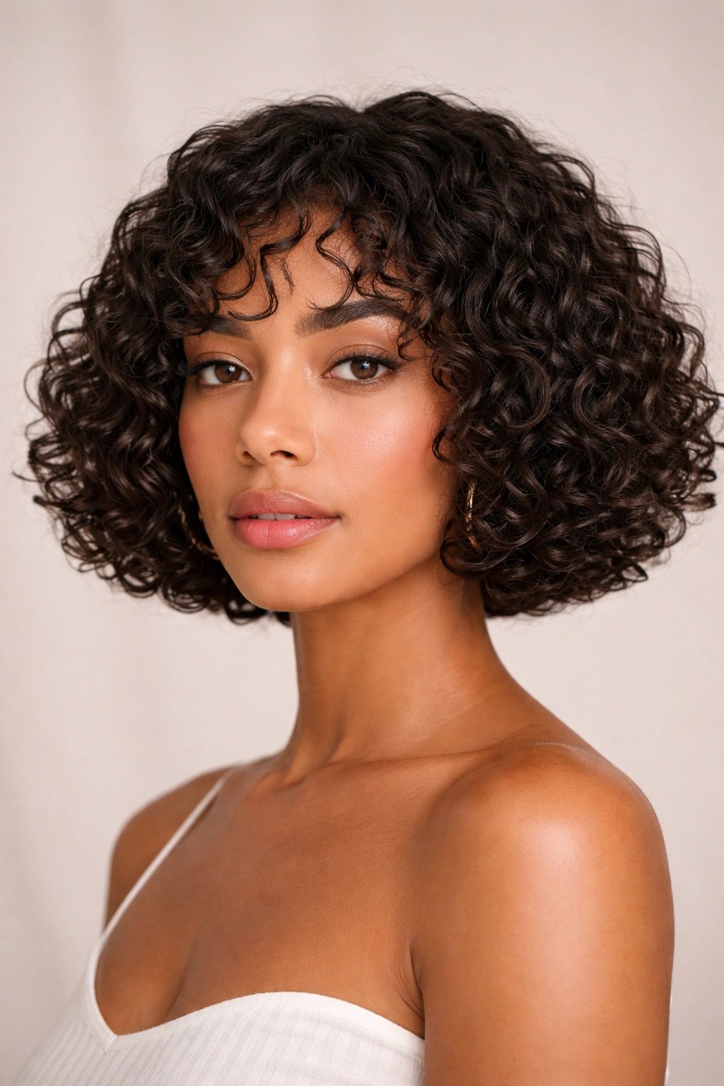 Frontal view of a precise chin-length bob with internal layers and defined curl ends