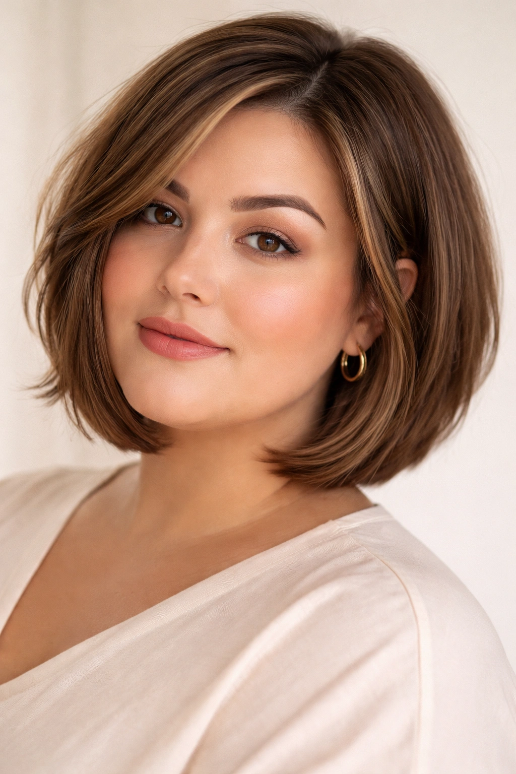 Close-up of a chin-length layered bob with face-framing pieces on a studio backdrop.