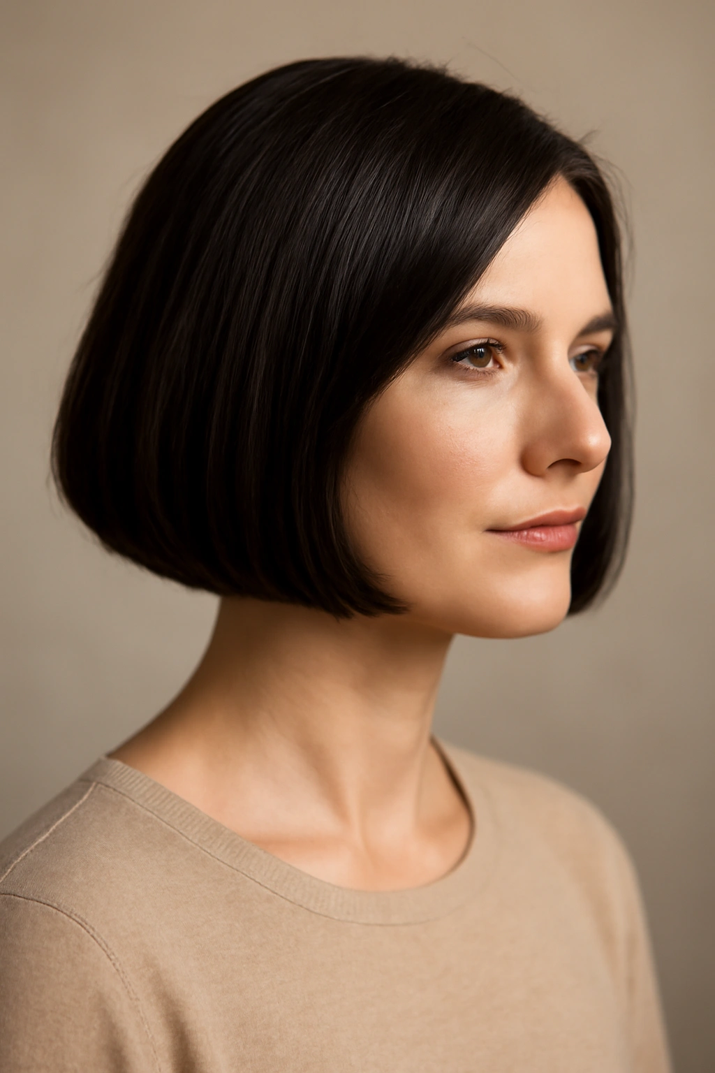 Close-up of a classic chin-length bob with a blunt edge in a studio portrait.