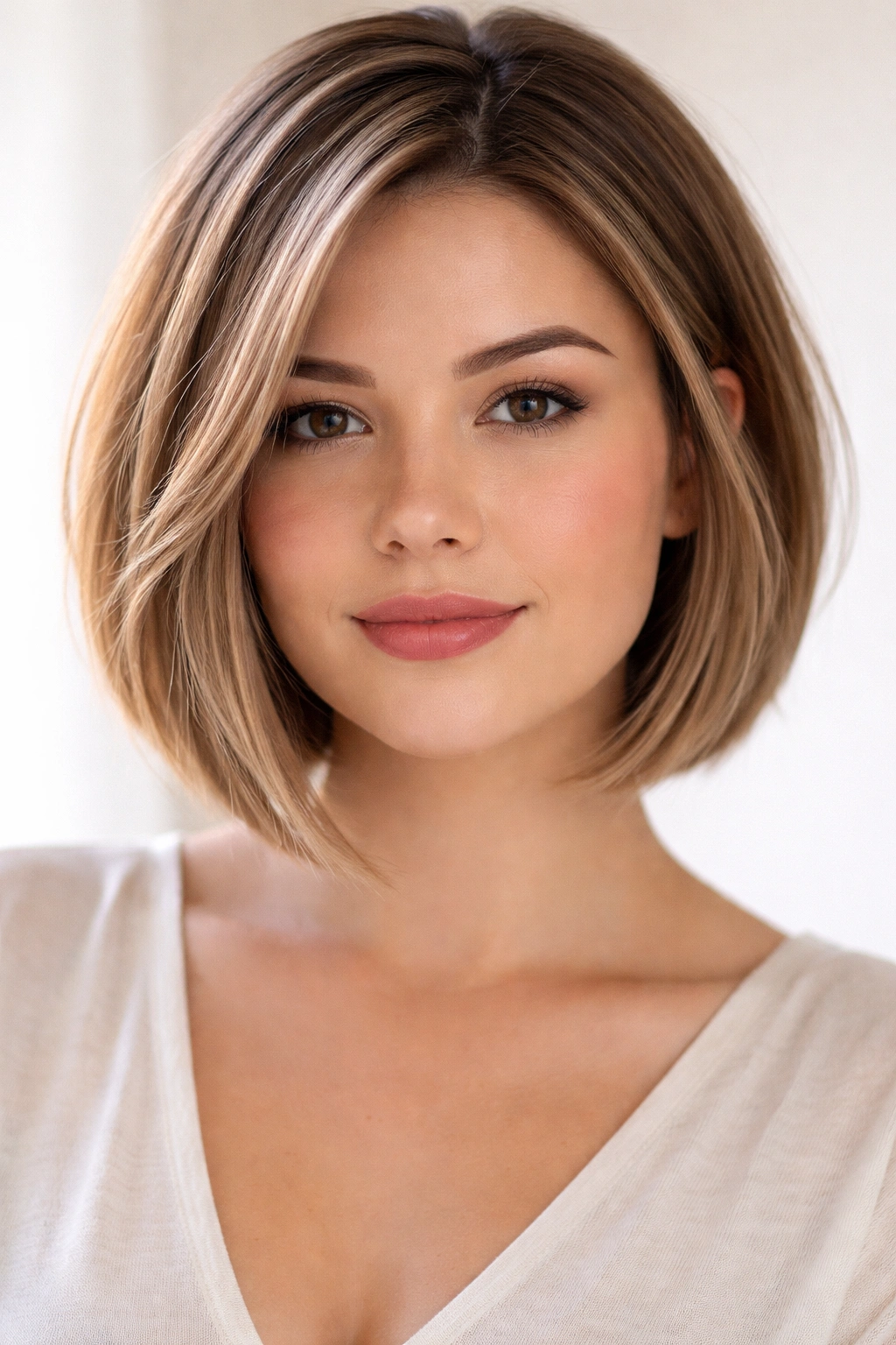 Chin-length bob with longer front pieces angled to elongate the face
