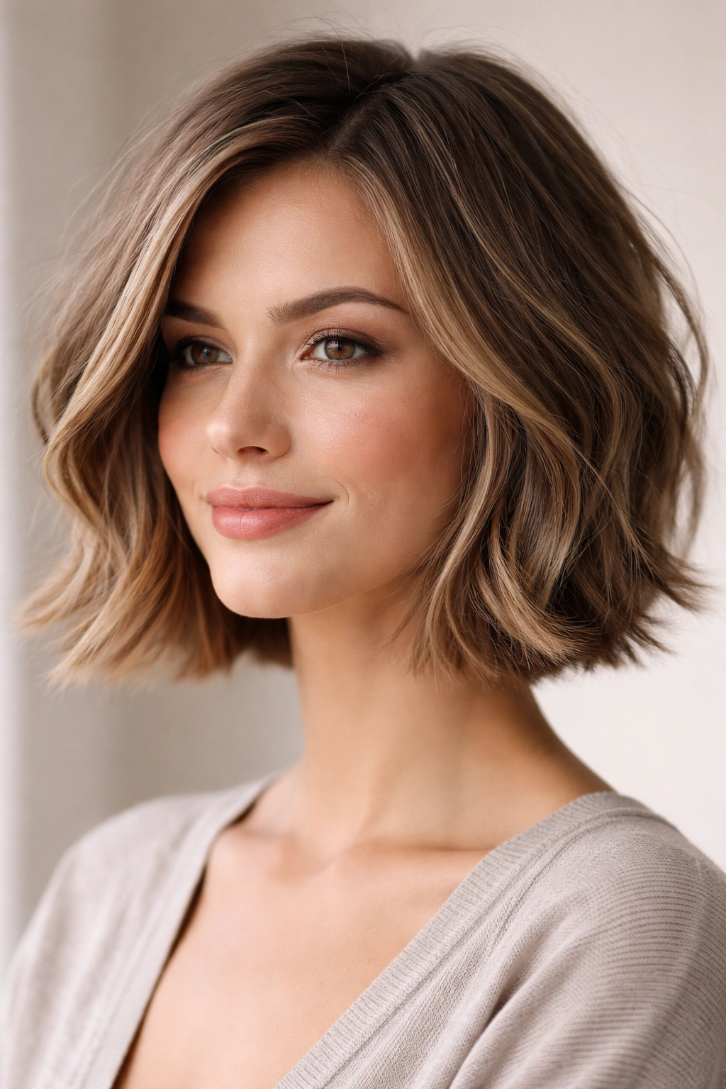 Chin-length bob with waves creating movement at the jawline
