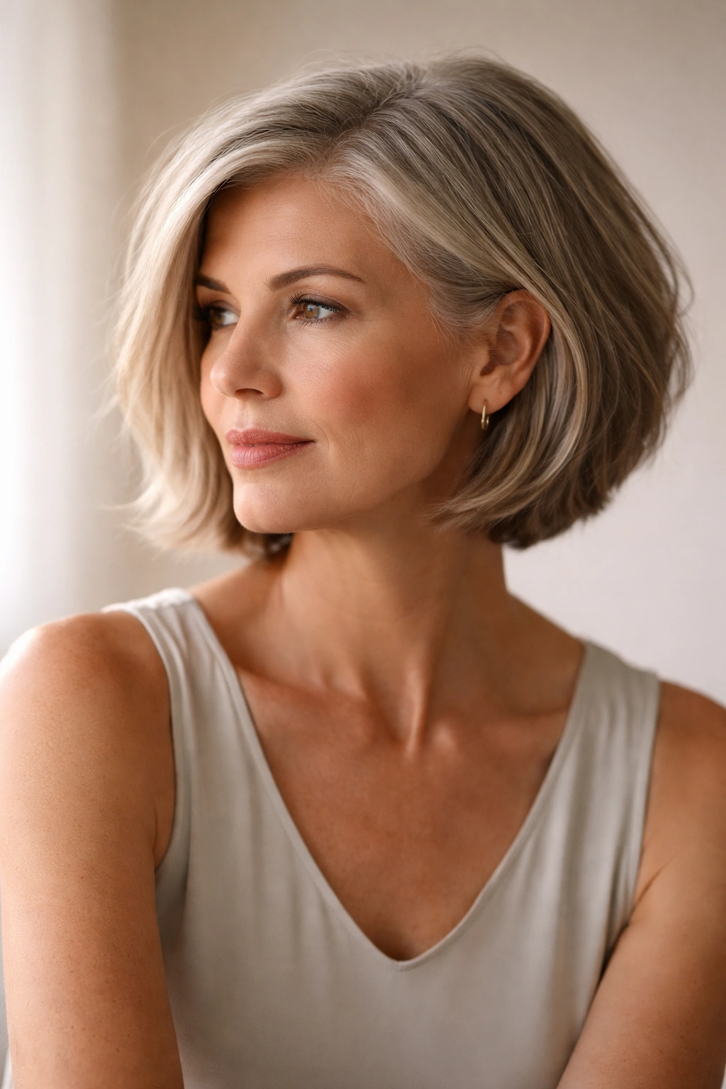 Mature woman over 50 with a chin-length textured bob in a neutral studio background, contemplative pose.