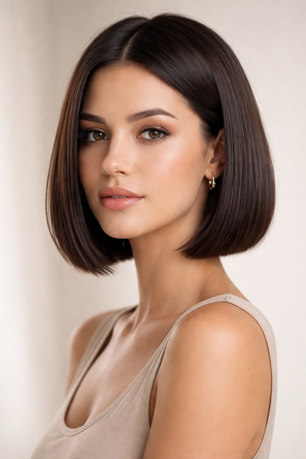 Portrait of a model with a chin-length bob in studio lighting, highlighting sleek cut and texture