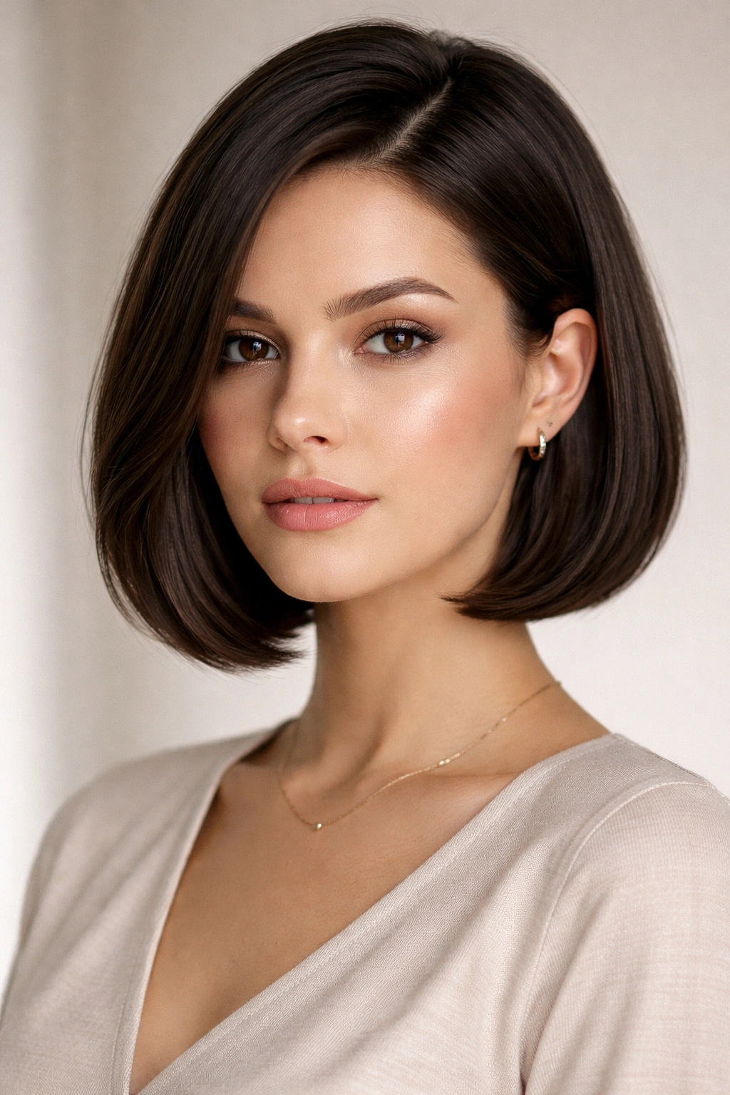 Close-up portrait of a model with a classic chin-length bob and an inward curve at the ends