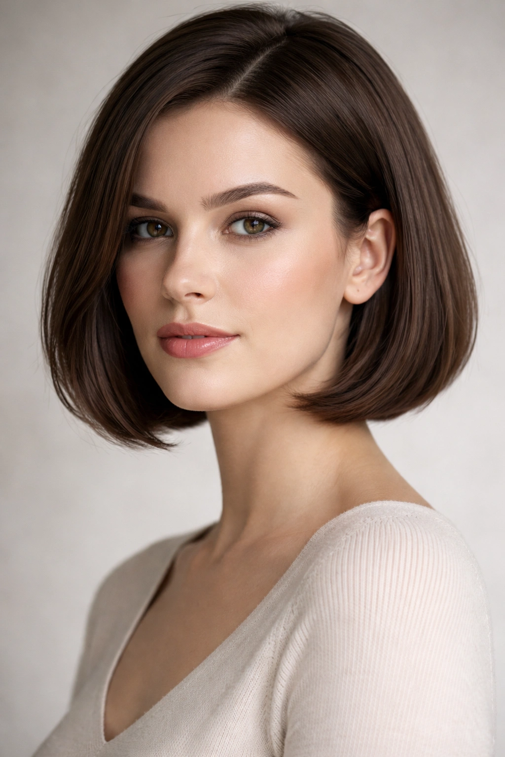 Chin-length bob on square-faced silhouette; soft jawline and balanced proportions.