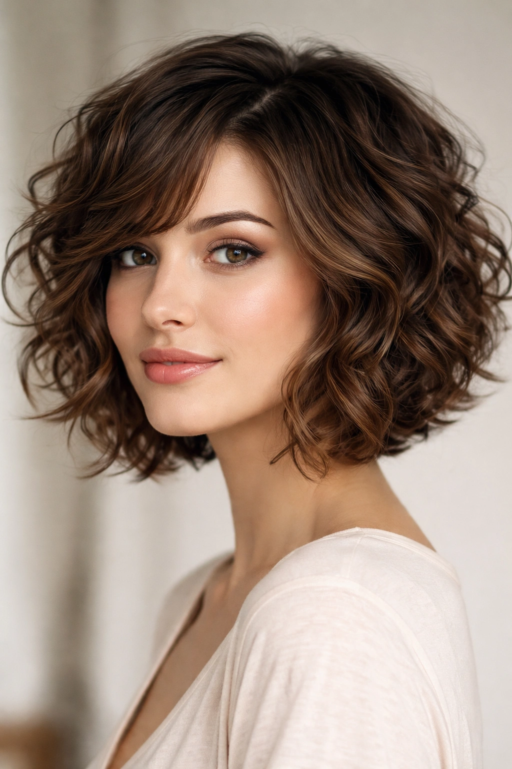 Chin-length curly bob with side-swept layers framing the face