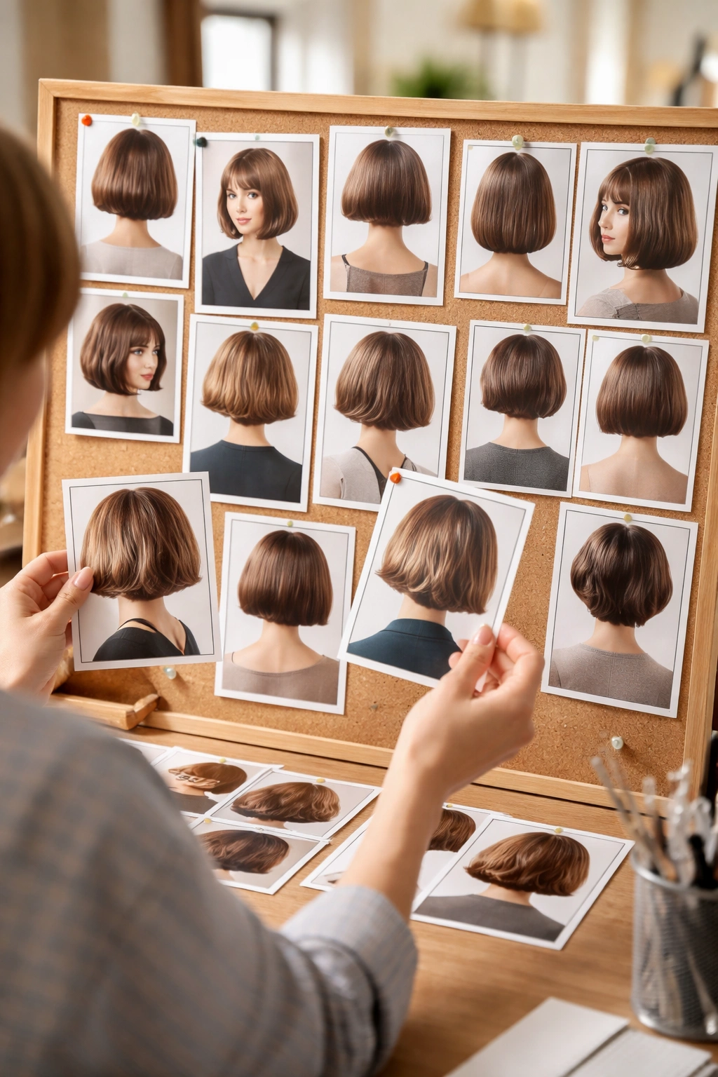 Person organizing chin-length haircut photos for consultation, showing front, side, and back views