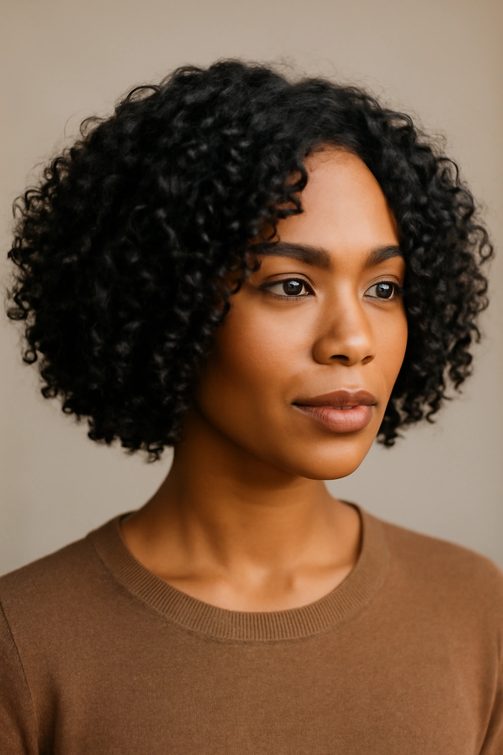 Portrait of a Black woman with a chin-length curly bob and defined curls framing the face.
