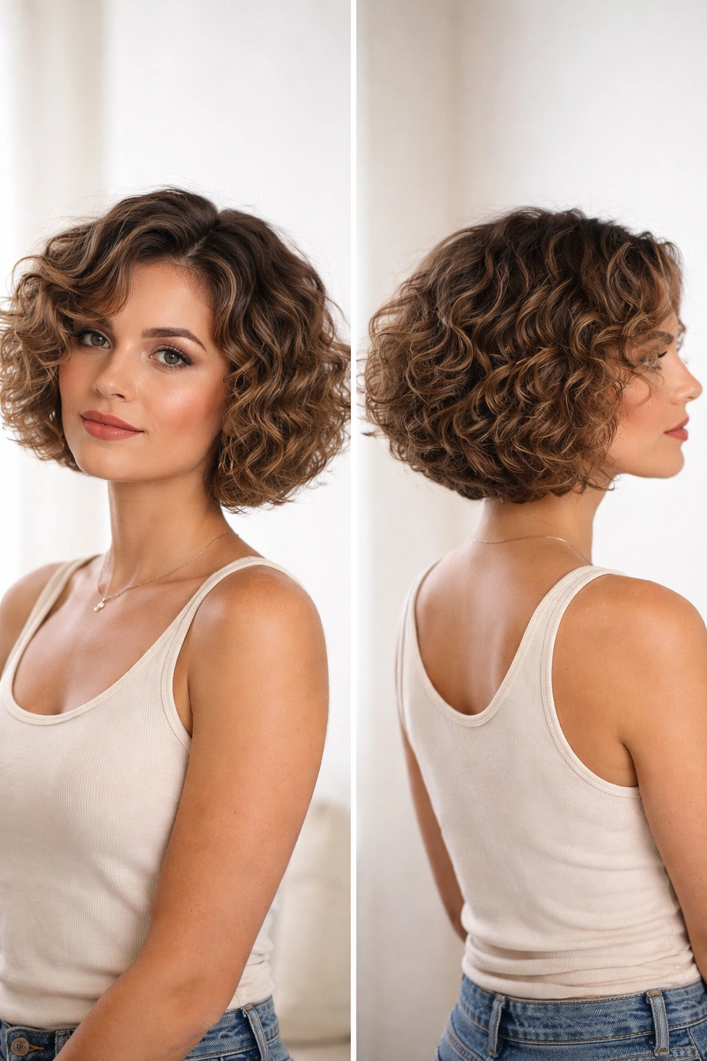 Chin-length curly bob showing customized density with fuller crown